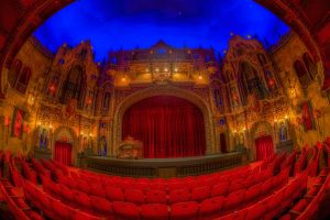 The haunted Tampa Theatre’s grandiose interior, complete with a backdrop mimicking the night sky. The theatre is rumored to be haunted by several mischievous spirits. 